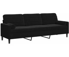Trivietė sofa su pagalvėlėmis, juodos spalvos, 210cm, aksomas