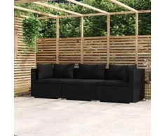 Trivietė sofa su pagalvėlėmis, juodos spalvos, poliratanas