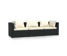 Trivietė sofa su pagalvėlėmis, juodos spalvos, poliratanas