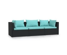 Lauko baldų komplektas Trivietė sofa su pagalvėlėmis, juodos spalvos, poliratanas