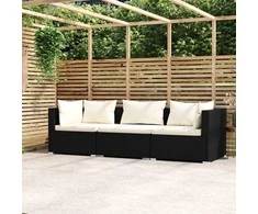 Trivietė sofa su pagalvėlėmis, juodos spalvos, poliratanas