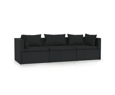 Trivietė sofa su pagalvėlėmis, juodos spalvos, poliratanas