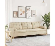 Trivietė sofa su pagalvėlėmis, kreminės spalvos, 210cm, audinys
