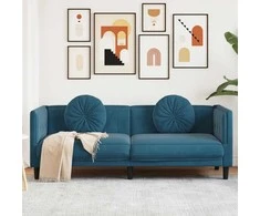 Trivietė sofa su pagalvėlėmis, mėlynos spalvos, aksomas