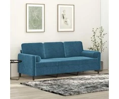 Trivietė sofa su pagalvėlėmis, mėlynos spalvos, 180cm, aksomas