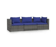 Trivietė sofa su pagalvėlėmis, pilkos spalvos, poliratanas