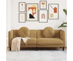 Trivietė sofa su pagalvėlėmis, rudos spalvos, aksomas