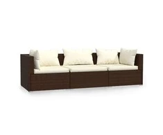 Trivietė sofa su pagalvėlėmis, rudos spalvos, poliratanas
