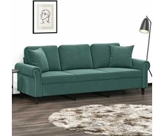 Trivietė sofa su pagalvėlėmis, tamsiai žalia, 180cm, aksomas