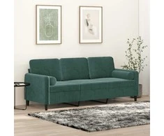 Trivietė sofa su pagalvėlėmis, tamsiai žalia, 180cm, aksomas