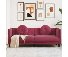 Trivietė sofa su pagalvėlėmis, vyno raudonos spalvos, aksomas