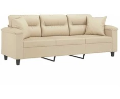 Trivietė sofa su pagalvėmis, kreminė, 180cm, audinys