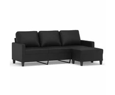 Trivietė sofa su pakoja, juodos spalvos, 180cm, dirbtinė oda