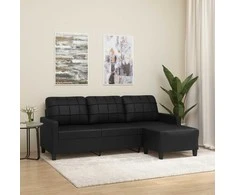 Trivietė sofa su pakoja, juodos spalvos, 180cm, dirbtinė oda