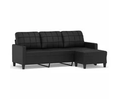 Trivietė sofa su pakoja, juodos spalvos, 180cm, dirbtinė oda