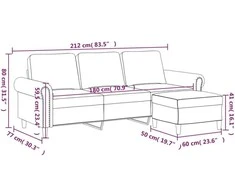Trivietė sofa su pakoja, rožinės spalvos, 180cm, aksomas
