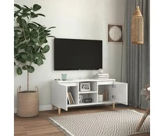 TV staliukas TV spintelė su medinėmis kojelėmis, balta, 103,5x35x50cm