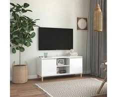 TV staliukas TV spintelė su medinėmis kojelėmis, balta, 103,5x35x50cm
