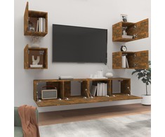 TV staliukas TV spintelių komplektas, 6 dalių, dūminio ąžuolo, mediena