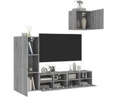TV staliukas Sieninė TV sekcija, 4 dalių, pilka ąžuolo, apdirbta mediena