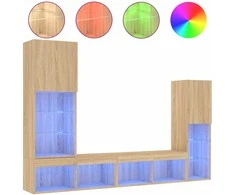 TV staliukas Sieninė TV sekcija su LED, 4 dalių, ąžuolo, apdirbta mediena
