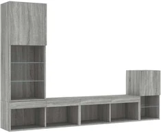 TV staliukas Sieninė TV sekcija su LED, 4 dalių, pilka ąžuolo, mediena