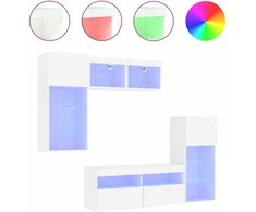 TV staliukas Sieninė TV sekcija su LED, 5 dalių, balta, apdirbta mediena