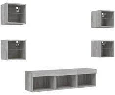 TV staliukas Sieninė TV sekcija su LED, 7 dalių, pilka ąžuolo, mediena
