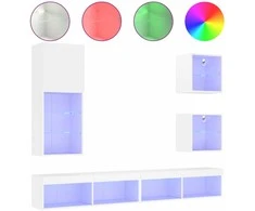 TV staliukas Sieninė TV sekcija su LED, 5 dalių, balta, apdirbta mediena
