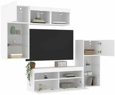 TV staliukas Sieninė TV sekcija su LED, 5 dalių, balta, apdirbta mediena