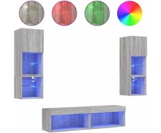 TV staliukas Sieninė TV sekcija su LED, 6 dalių, pilka ąžuolo, mediena