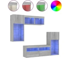 TV staliukas Sieninė TV sekcija su LED, 5 dalių, pilka ąžuolo, mediena