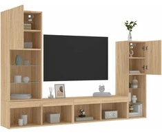 TV staliukas Sieninė TV sekcija su LED, 4 dalių, ąžuolo, apdirbta mediena