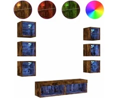 TV staliukas Sieninė TV sekcija su LED, 8 dalių, dūminio ąžuolo, mediena