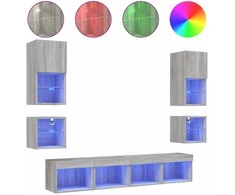 TV staliukas Sieninė TV sekcija su LED, 8 dalių, pilka ąžuolo, mediena