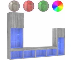 TV staliukas Sieninė TV sekcija su LED, 4 dalių, pilka ąžuolo, mediena