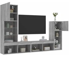 TV staliukas Sieninė TV sekcija su LED, 4 dalių, pilka ąžuolo, mediena