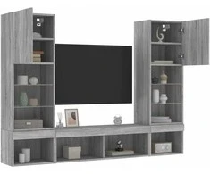 TV staliukas Sieninė TV sekcija su LED, 5 dalių, pilka ąžuolo, mediena