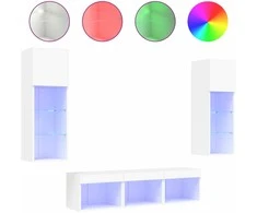 TV staliukas Sieninė TV sekcija su LED, 5 dalių, balta, apdirbta mediena