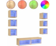 TV staliukas Sieninė TV sekcija su LED, 8 dalių, ąžuolo, apdirbta mediena