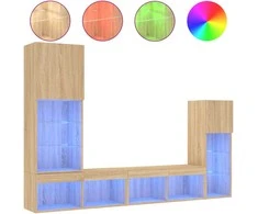 TV staliukas Sieninė TV sekcija su LED, 4 dalių, ąžuolo, apdirbta mediena