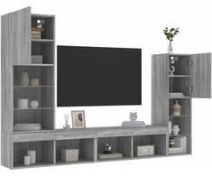 TV staliukas Sieninė TV sekcija su LED, 4 dalių, pilka ąžuolo, mediena