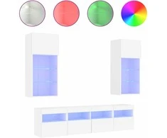 TV staliukas Sieninė TV sekcija su LED, 5 dalių, balta, apdirbta mediena