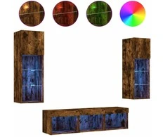 TV staliukas Sieninė TV sekcija su LED, 5 dalių, dūminio ąžuolo, mediena