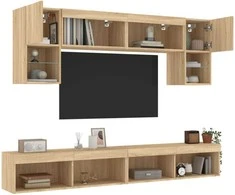 TV staliukas Sieninė TV sekcija su LED, 6 dalių, ąžuolo, apdirbta mediena