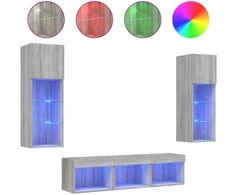 TV staliukas Sieninė TV sekcija su LED, 5 dalių, pilka ąžuolo, mediena
