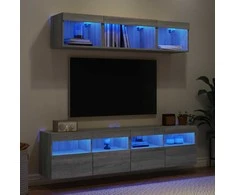 TV staliukas Sieninė TV sekcija su LED, 5 dalių, pilka ąžuolo, mediena