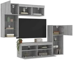 TV staliukas Sieninė TV sekcija su LED, 5 dalių, pilka ąžuolo, mediena