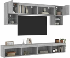 TV staliukas Sieninė TV sekcija su LED, 6 dalių, pilka ąžuolo, mediena