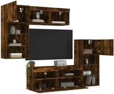 TV staliukas Sieninė TV sekcija su LED, 5 dalių, dūminio ąžuolo, mediena